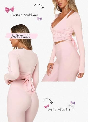 Navneet Women Wrap Top Ballet Long Sleeve Workout Crop Tops V Neck Yoga Going Out Pilates Y2K Fall Outfit thumbnail 4