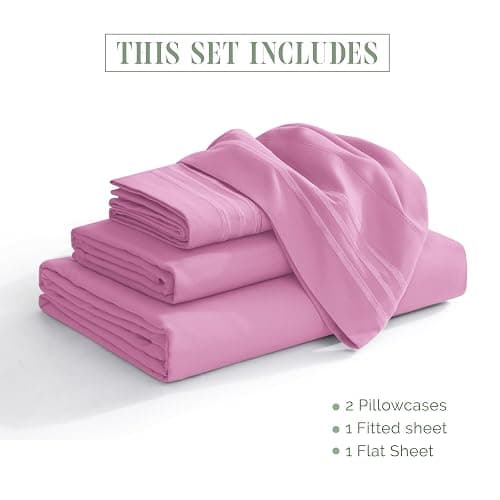 Elegant Comfort Luxurious 1500 Premium Hotel Quality Microfiber Three Line Embroidered Softest 4-Piece Bed Sheet Set, Wrinkle and Fade Resistant, Twin/Twin XL, Light Pink thumbnail 3