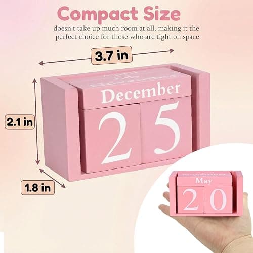 MICKYU Perpetual Wooden Desk Calendar - Pink Farmhouse Decor Block Calendar for Office, Home & Gifts - Reusable Daily Date Display thumbnail 3