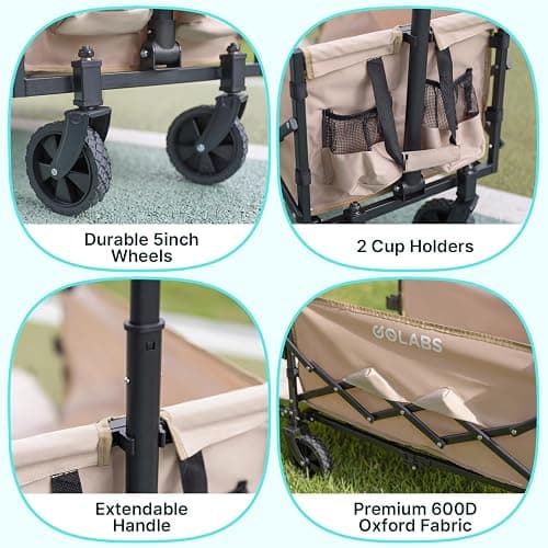 Golabs Collapsible Wagon Cart Max 350lb Load & Expandable Storage 100L, Double Bearing Design for Flexible Steering, Foldable Heavy Duty Garden Cart with 2 Cup Holders for Groceries, Garden & Camping thumbnail 7
