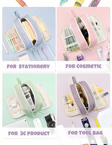 SUNEE Cute Pencil Case, Aesthetic Pen Pouch with 3 Compartments, Kawaii Colored Large Pencil Bag with Zipper, Stationery Storage and Organizer, Purple School Supplies for Teen and Adult Girls thumbnail 6