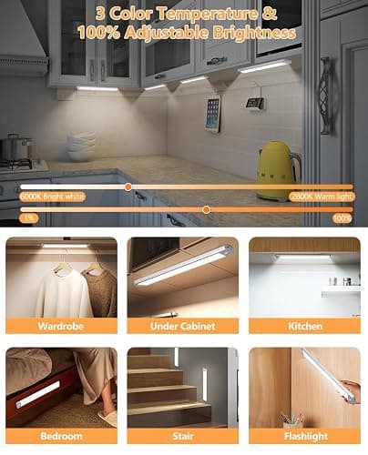 YANEGRT Under Cabinet Lights, Dimmable 60 LED Motion Sensor Light Indoor 2 Pack- Wireless USB Rechargeable, 3 Color Magnetic Closet Light for Kitchen, Wardrobe Storage thumbnail 9