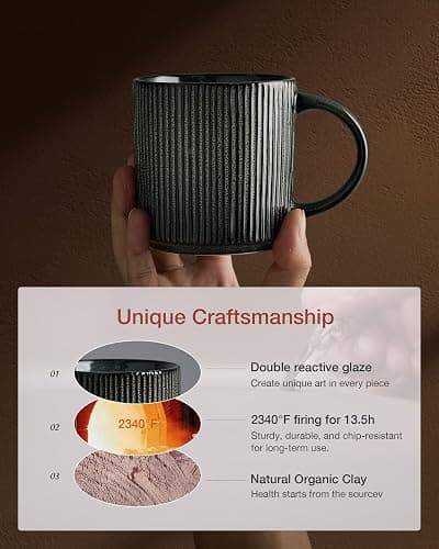 famiware Coffee Mug Set for 6, Star 12 oz Catering Mugs Cup Set with Handle for Coffee, Tea, Cocoa, Milk - Ceramic Stoneware Drinkware Set, Deep Forest thumbnail 6