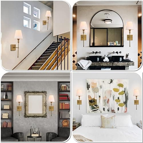 Enyhom 2 Stücke E27 Wandleuchten Innen Vintage Flur Wandlampe Deko Gold Industrial Wandlampe mit Weißem Stoffschirm für Spiegel, Wohnzimmer, Schlafzimmer und Treppe (Ohne Glühbirne) thumbnail 7