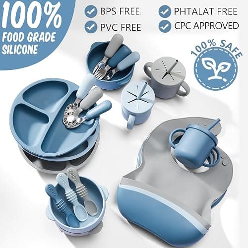 Yinder 24 Pack Silicone Baby Feeding Set Baby LED Weaning Set, Ocean | for Babies 6+ Months, Suction Plate Bowl, Adjustable Bib, Snack Cup Straw, Soft Spoon Fork, Baby Mealtime, Self Feeding thumbnail 2