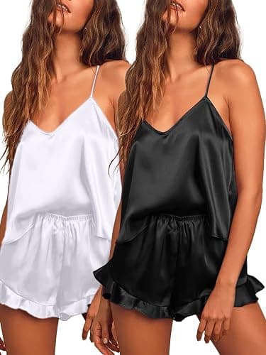 Ekouaer 2er Pack Satin Pyjama Damen Sexy Schlafanzug Kurz Pjs Sets Ärmellos Nachtwäsche Frauen Cami Top und Shorts Sleepwear S-XXL - Image 1