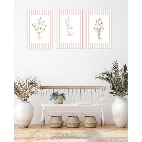 Trendy Pink Floral Wall Art Set of 3, Preppy Canvas Prints with Bow and Stripe Border Cute Aesthetic Botanical Wall Decor Artwork for Bedroom Bathroom Home Decor Girl Dorm Room,12x16 in Framed thumbnail 7