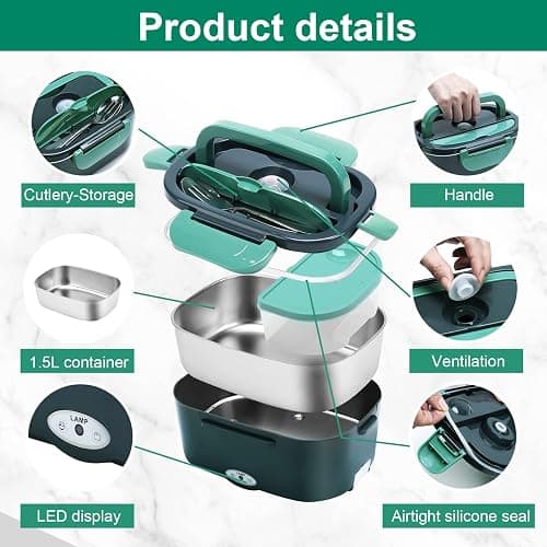 Gentre Lunch Box Elettrico Portatile Scaldavivande per Auto Camion e Ufficio 4 in 1 12V/24V/220V~240V 1.5L 60W Porta Pranzo in Acciaio Inox, Scomparti, Forchetta Cucchiaio e Borsa Per il Trasporto thumbnail 7