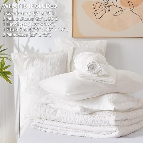 CozyLux King Comforter Set with Sheets White Seersucker Bed in a Bag 7-Pieces All Season Bedding Sets with Comforter, Pillow Sham, Flat Sheet, Fitted Sheet, Pillowcase - White - King thumbnail 6