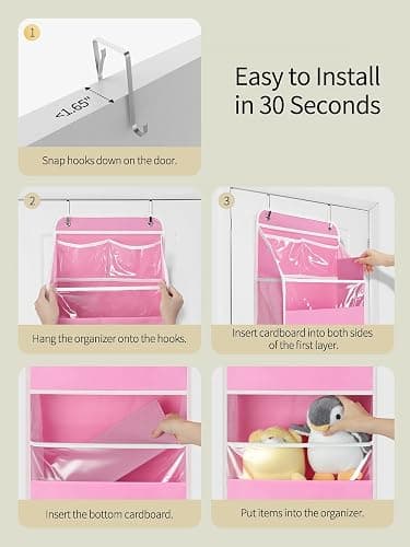 Yecaye 5 Tier Over the Door Organizer, Swing-proof Door Organizer Hanging with Clear PVC Windows, Behind the Door Storage for Bedroom Nursery Closet Laundry Pantry Bathroom, Bubblegum Pink thumbnail 7