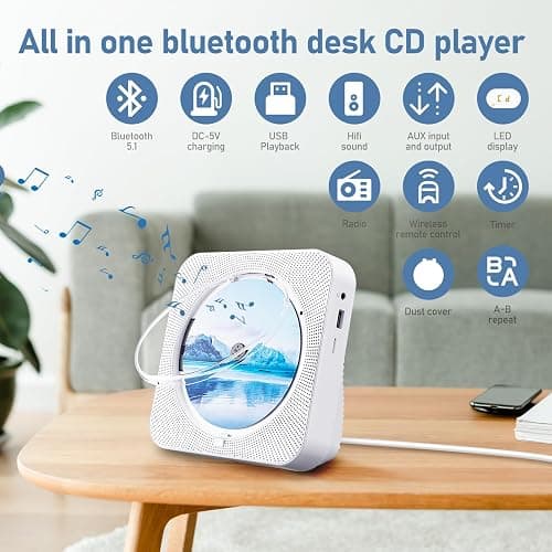 CD Player Portable Bluetooth 5.1 Desktop CD Player with HiFi Sound Speakers,Remote Control,Dust Cover,LED Display,Boombox FM Radio,USB/AUX for Home,Kids (White) thumbnail 3