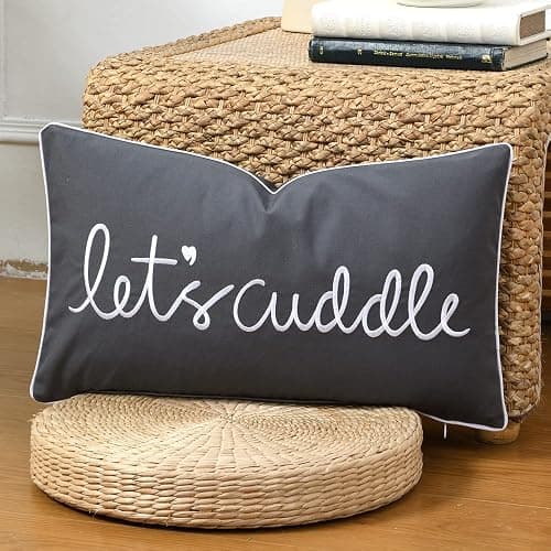 Sanmetex Decorative Lumbar Pillow Covers 12x20 Inches, Embroidery Soft Rectangluar Pillow Cover with Lets's Cuddle Saying for Bed, Bedroom, Dark Grey. thumbnail 8