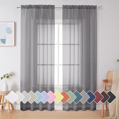 Simplebrand Grey Sheer Curtains 84 Inches Long, Light Filtering Rod Pocket Solid Color Window Sheer Curtain Panels, Elegant Curtains & Drapes for Living Room 2 Panels (Charcoal Grey, 2x42x84'') - Image 1