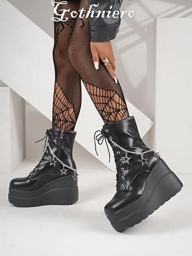 Gothniero Platform Goth Ankle Boots for Womem Black Holographic Combat Chunky Heel Boots with Side Zip Lace Up Wedge Booties US5.5-11 thumbnail 6