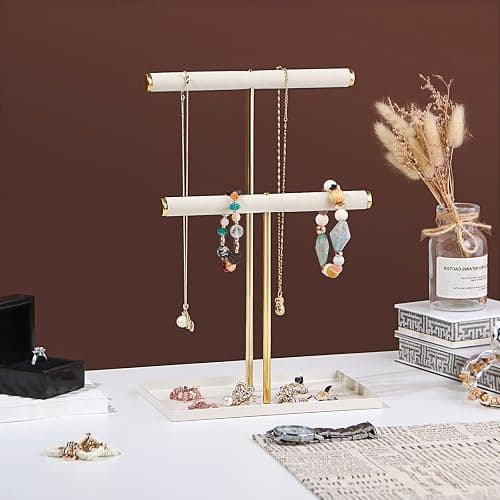 2 Tier Necklace Bracelet Holder Stand, Multi-Use Jewelry Display Organizer with Metal Tray, Velvet T-Bar Metal Necklace Organizer Stand, Jewelry Hanger Tower Rack for Men Women (Gold 12" Tall) thumbnail 2