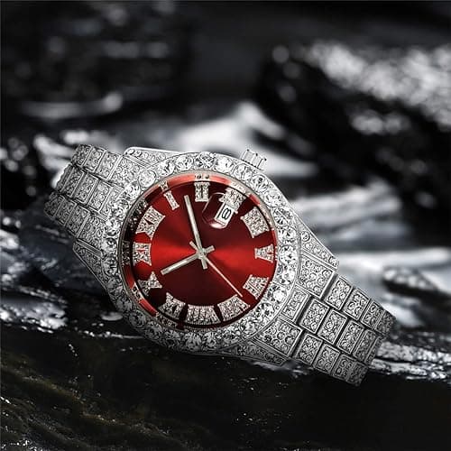 SENRUD Men's Diamond Watch Fashion Crystal Rhinestone Quartz Analog Watch Iced-Out Bracelet Wrist Watch thumbnail 2