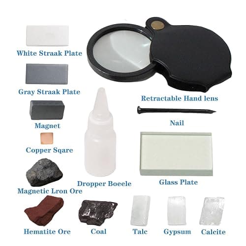 SuiToWan Mineral ID Kit Rock Mineral Identification Kit - Includes Streak Plates, Glass Plate, Magnet, Dropper Bottle, Nail, Hand Lens, Cooper Sheet, Rock & Mineral Geology Kit thumbnail 3