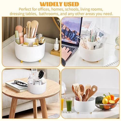 360° Drehbar Make up Organizer, Pinselhalter Kosmetik Aufbewahrung mit 5 Fächern, Aesthetic Schminktisch Organizers für Zimmer Decor Frisiertisch, Schlafzimmer,Badezimmer Organisation (Weiß) thumbnail 7