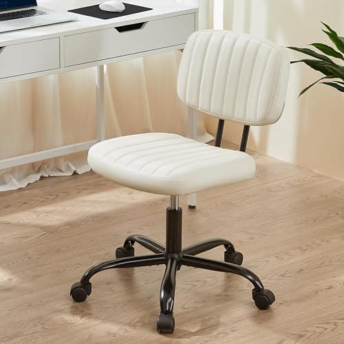Sweetcrispy Small Office Computer Desk Chair with Wheels and Lumbar Support, Comfy Cute Armlees PU Leather Vanity Rolling Swuvel Task Chair No Arm for Adult, Student - Beige White - Image 1