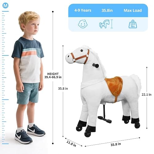 Ride on Horse,Horse Ride on Toy for Kids, Riding White Horse Mechanical Walking Action Plush Animal for 4 Years to 9, No Battery or Electricity, Max Load 165 LBS - White thumbnail 3