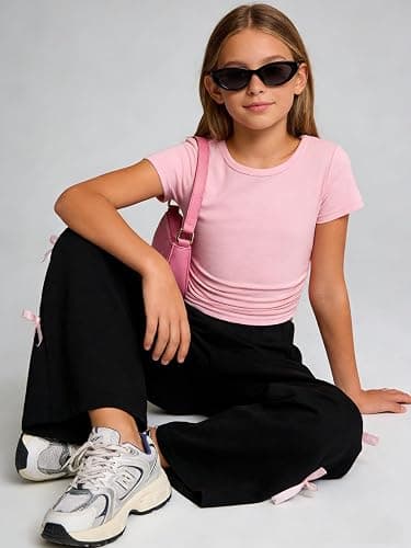 Kxuryueo Tween Girls Clothes Short Sleeve Tops and Bowknot Wide Leg Sweatpants Casual Trendy Outfit for Teen Size 7-14 thumbnail 6