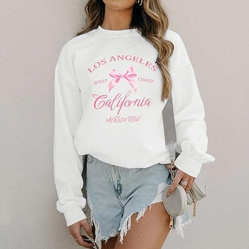 Kelxjia Bow Crewneck Sweatshirt California Los Angeles Sweatshirts for Women Cute Preppy Clothes for Teen Girls Coquette Tops thumbnail 4