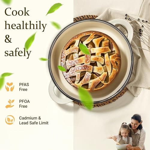 Overmont Cocotte en Fonte Émaillée - Ø26 cm Casserole Antiadhésive Avec Couvercle et Maniques en Coton - Batterie de Cuisine Robuste pour Braiser Ragoûts Rôtir Pain - Blanc crème thumbnail 4