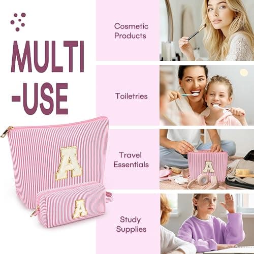 2 PCS Initial Makeup Bags for Women: Cosmetic Bag for Travel Toiletry - Birthday Gifts for 11 12 13 14 15 16 17 18 Years Old Girl Graduation Teacher Gift- Teen Girl Gifts Trendy Stuff - Pink A thumbnail 4