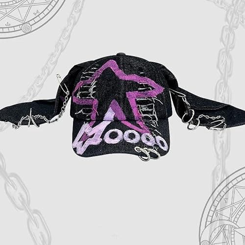 THESSNCE Y2k Hat Punk Hats Denim Bunny Hat Chains Distressed Baseball Cap Kpop Outfits Y2k Grunge Hats for Women thumbnail 2