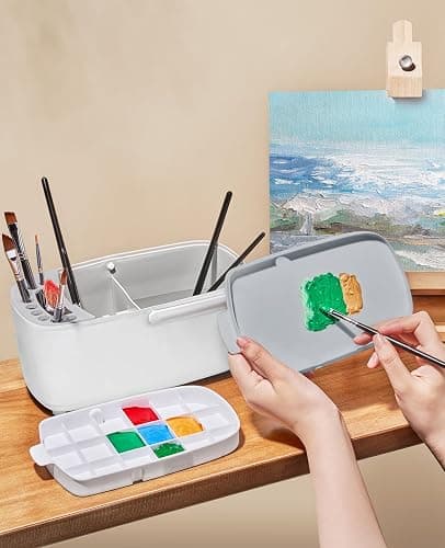 GAMENOTE Paint Brush Cleaner - Paint Brush Holder with Palette and Handle,Rinser for Acrylic, Watercolor, and Water-Based Paints, Painting Art Supply Storage Organizer (White+Grey) thumbnail 2