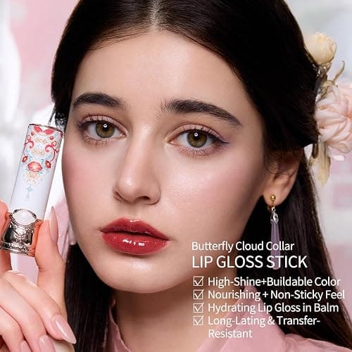 Flower Knows Butterfly Cloud Collar Glossy Lipstick,Hydrating Solid Lip Gloss,Moisturizing Red Tinted Lip Balm,Long Lasting Lip Gloss in Balm for Girls&Women,Vegan & Cruelty-Free(C09 Camellia) thumbnail 4