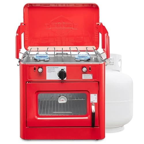 Hike Crew Outdoor Gas Camping Oven w/Carry Bag | CSA Approved Portable Propane-Powered 2-Burner Stove & Oven | Auto Ignition, Overheat Safety Shutoff, Built-In Thermometer | Hose & Regulator Included - Red - Image 1