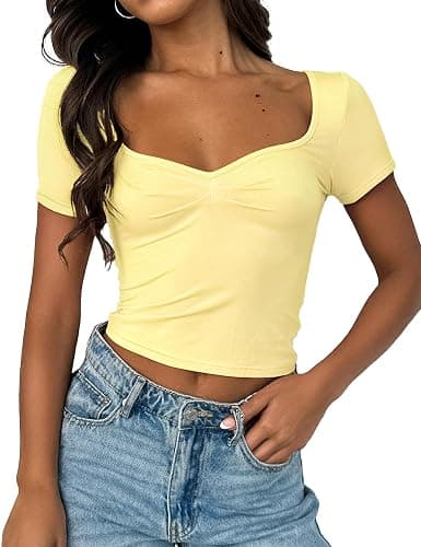 TiulZial Women's Short Sleeve Going Out Crop Top Sexy Pleated Cute Shirt Sweetheart Neck Y2K Ruched Cropped Tops - Image 1