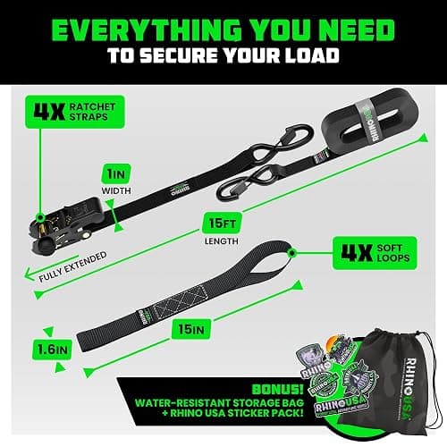 Rhino USA Ratchet Straps Tie Downs (4-Pack) - 1 Inch x 15 Feet (1,823lb Break Strength) - Ultimate Tie Down Straps with Safety S Hooks - for Trucks, Cargo, Moving, Appliances - Black thumbnail 5
