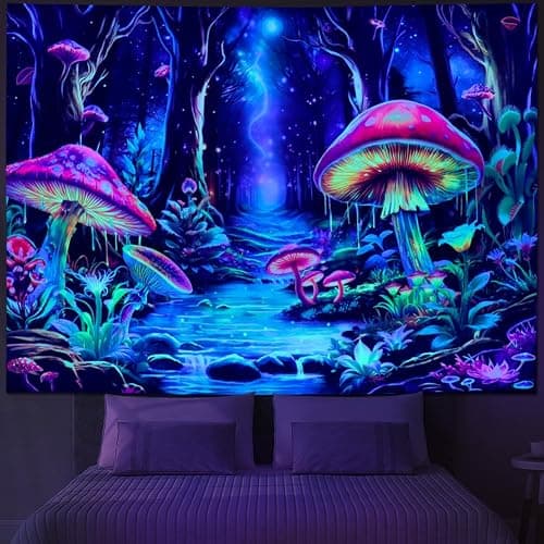 Yuiqear Blacklight Mushroom Tapestry Fantasy Forest Tree Tapestries UV Reactive Floral Plant Tapestries Neon Glow in The Dark Tapestry Wall Hanging for Bedroom Aesthetic Decor thumbnail 4
