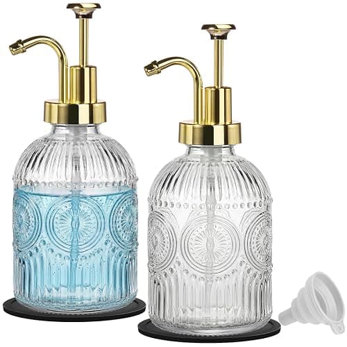 SheeChung 12Oz Vintage Glass Bathroom Soap Dispenser, Kitchen Dish Soap Dispenser with Pump, Refillable Liquid Hand Soap Bottle, Lotion, Antique Rustic Farmhouse Decor (Clear-Gold Pump, 2 Pack) - Image 1