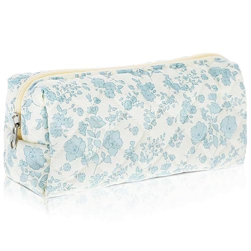 HJZHII Cute Pencil Case, Aesthetic Flowers Pencil Pouch, Portable Pen Bag Wide Opening, Soft Quilted Pencil Pouch Organizer with Zipper for Office College Storage Makeup Pouch, Blue Flowers - Image 1