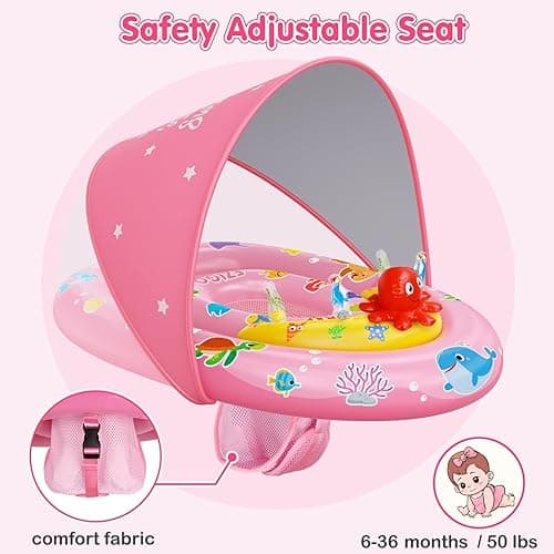 EZIGO Baby Pool Float with Canopy UPF50+ Sun Protection, Inflatable Kids Pool Floats with Ocean Animal Toys for Baby 6-36 Months, Infant Swimming Float with Adjustable Safety Seat for Boys Girls - Pink thumbnail 5