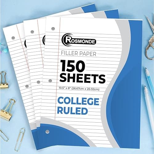 Rosmonde Loose Leaf Paper, 900 Sheets, 6 Pack, College Ruled, 8" x 10.5", Bulk Office Filler Paper, 3 Hole Punched, 150 Sheets/Pack, College Ruled Paper for 3 Ring Binder, Notebook Paper, White thumbnail 8