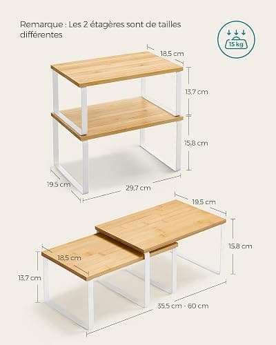 SONGMICS Étagère à Épices, Lot de 2, Organisateur de Placard, Étagère de Rangement de Cuisine Extensible, Porte-épices Empilable, Métal, Bois d’Ingénierie, Blanc Nuage et Beige Naturel KCS02NW thumbnail 3