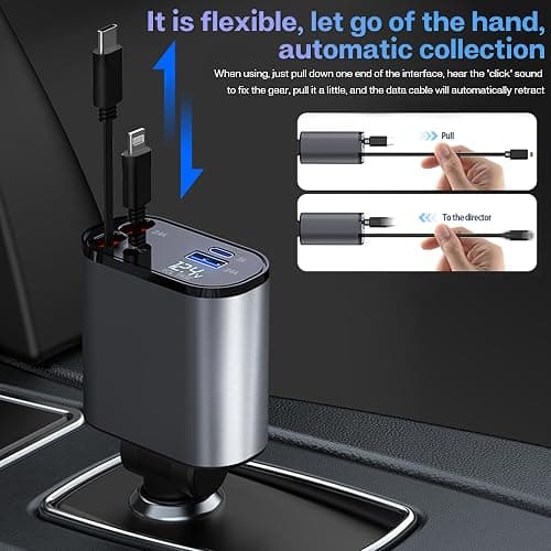 Retractable Car Charger with 100W Fast Car Charger 4 in 1 for iPhone and Type C, Retractable Cables (80cm) and 2 Charging Ports, Compatible with iPhone 15/14/13/12 Pro Max XR thumbnail 5