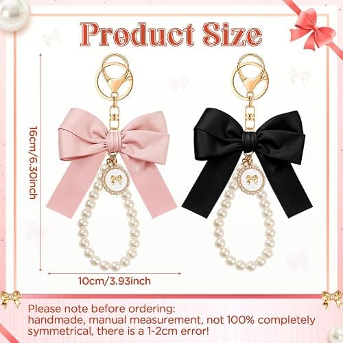 Neptniopllab Bow Keychain Pink Bow Charm Pearl Wristlet Keyring Keychain for Women Purse Bag Charm - Pink+balck-2pcs thumbnail 2
