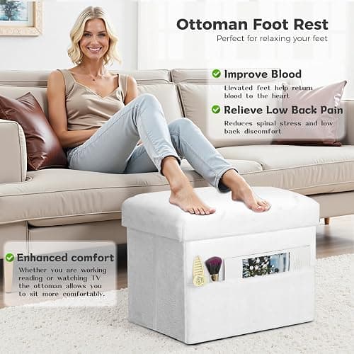 FaiPue Storage Ottoman Cube, Small Ottoman with Storage with Thicker Furry Padded Seat. Folding Soft Fur Foot Rest Stool for Living Room Bedroom, Holds Up to 300 lbs, 17x13x13IN (White) thumbnail 2