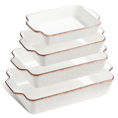 ONEMORE Lot de 4 plats à gratin en céramique avec poignées, Plats à cuisson rectangulaires, Plat à lasagnes pour gâteaux, repas et banquets, Compatibles lave-vaisselle et four - Image 1
