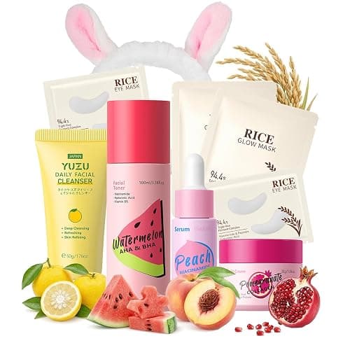 Fruit Skincare Gift Set for Women & Teenage Girls - 9PCS Face Care Set with Cleanser, Toner, Serum, Moisturiser, Eye & Face Masks, Spa Headband, Hydrating Pamper Skincare Set Gift - Image 1