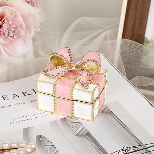 ❤️ELLDOO Mini Trinket Box, Bow-knot Gift Box Style Hinged Jewelry Box Vintage Metal Enameled Decorative Box Ring Earrings Jewelry Organizer Gift Box for Women Girls, Pink thumbnail 2