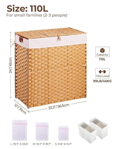 Greenstell Laundry Hamper with lid, No Install Needed, 110L Wicker Laundry Baskets Foldable 2 Removable Liner Bags, 2 Section Clothes Hamper Handwoven Rattan Laundry Basket with Handles, Natural thumbnail 3