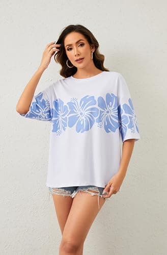 Anoumcy Cotton Oversized Hibiscus Tee Shirt for Women Floral Graphic Hawaiian T Shirts Casual Summer Vacation Loose Tops thumbnail 5