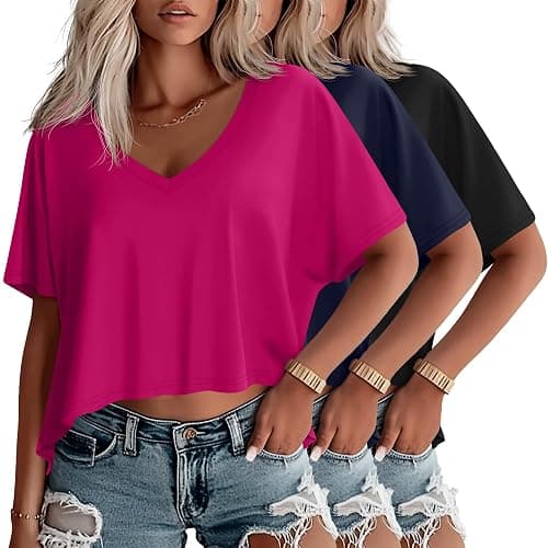 Huukeay 3 Pack Oversized T Shirts for Women Short Sleeve Crop Tops V Neck Irregular Hem Baggy Cropped Tees - Image 1