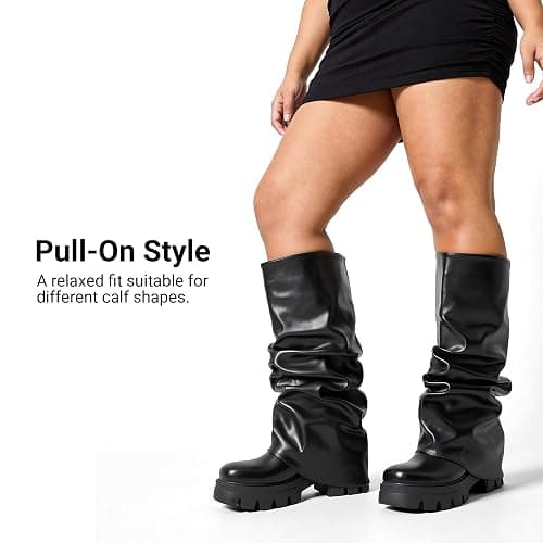 DREAM PAIRS Women's Fold Over Platform Chunky Heel Boots For Concerts Wear Ruched Mid Calf Slouchy Fashion Boots with Wide Calf Fit thumbnail 8